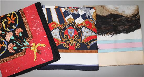 Two Hermes silk scarves and another by Aquascutum